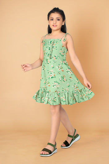 Girl’s Light Green Poly Rayon Above Knee Length Dresses