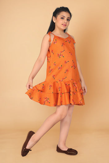 Girl’s Orange Poly Rayon Knee Length Sleeveless Dresses