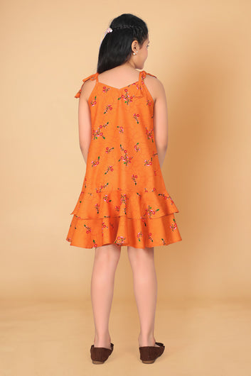 Girl’s Orange Poly Rayon Knee Length Sleeveless Dresses