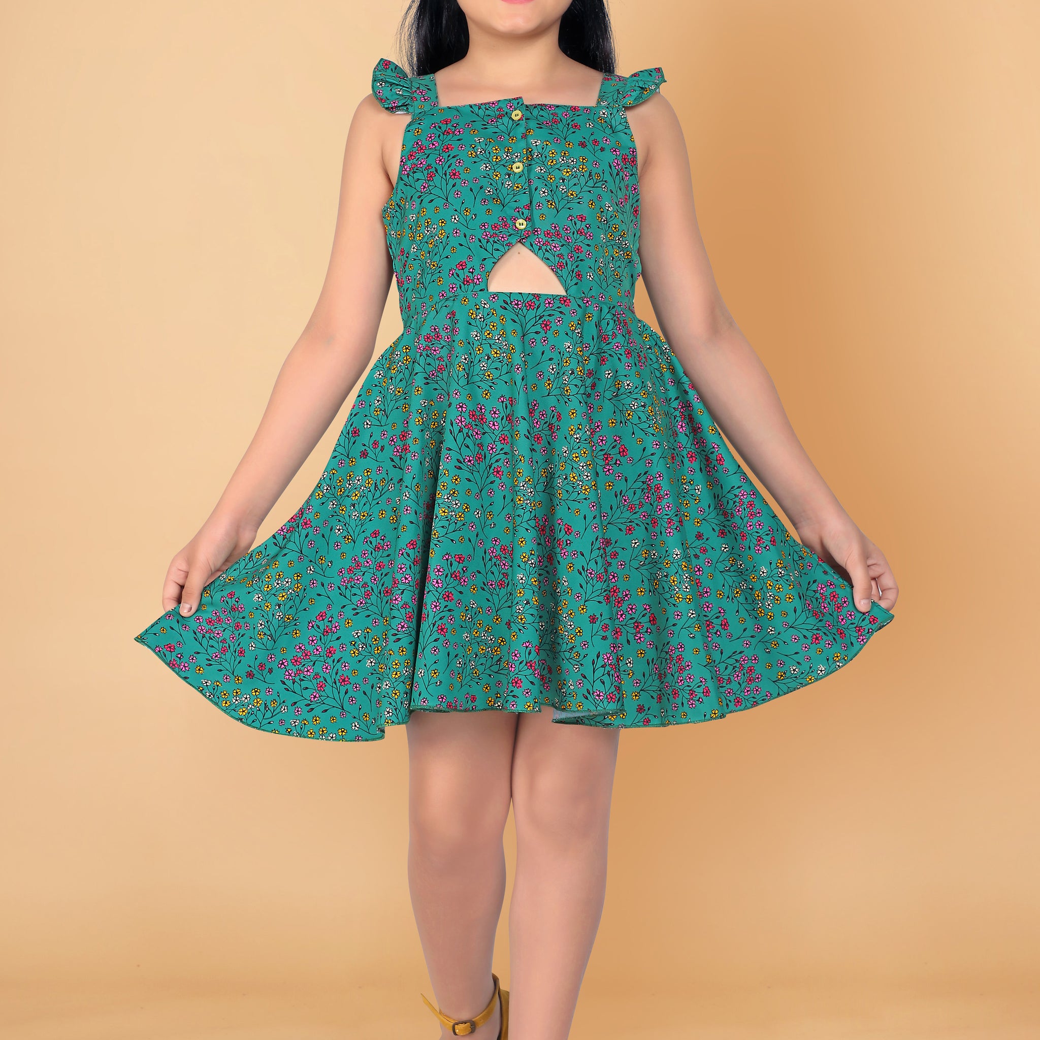 Girl’s Green Poly Rayon Knee Length Dresses