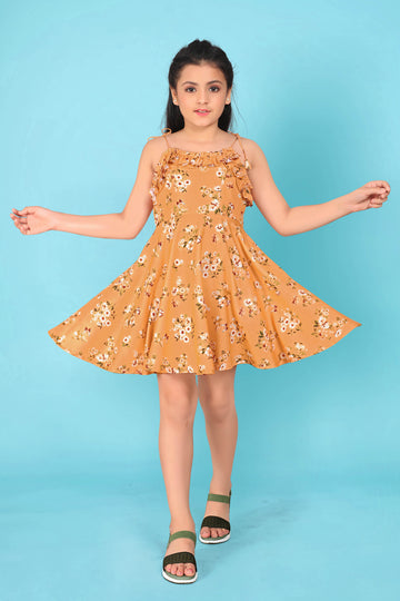 Girl’s Orange Poly Rayon Knee Length Fit and Flared Dresses