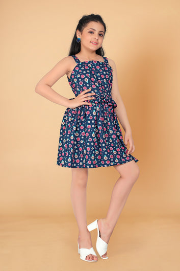 Girl’s Navy Blue Poly Rayon Knee Length Dresses