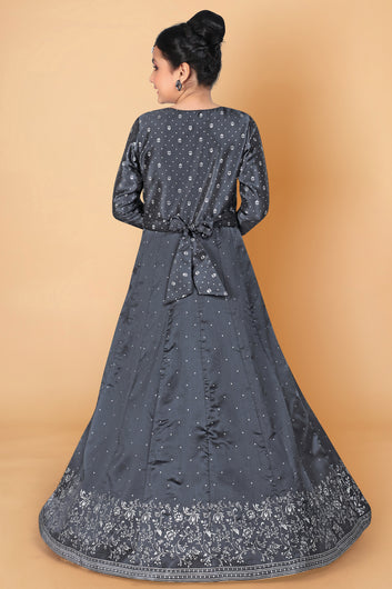 Girl’s Grey Taffeta Maxi Length Foil Printed Dresses