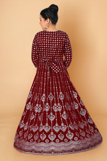 Girls Maroon Taffeta Maxi Length Foil Printed Dresses