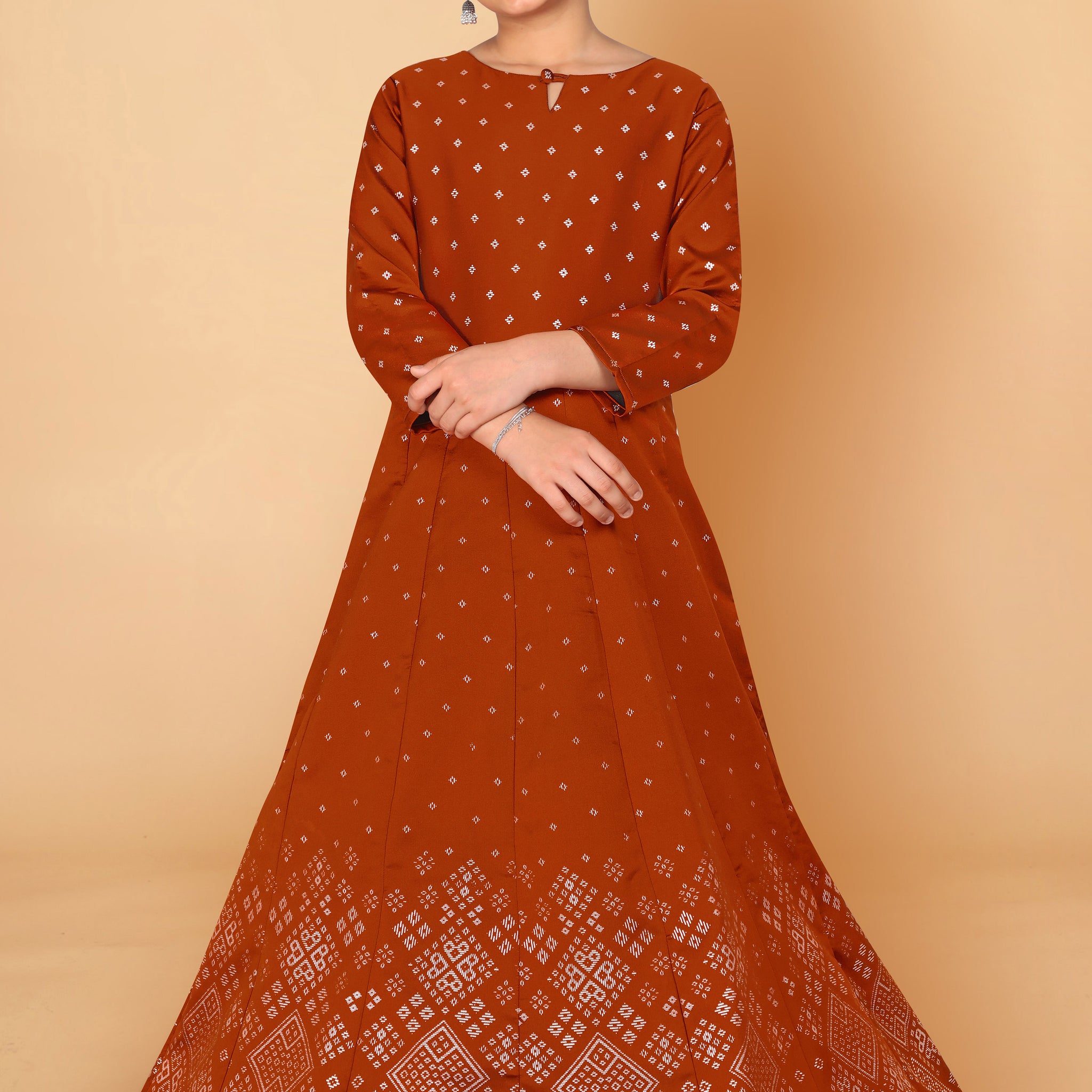 Girls Rust Taffeta Maxi Length Foil Printed Dresses