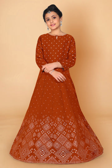Girls Rust Taffeta Maxi Length Foil Printed Dresses