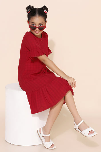 Girls Red Knee Length Checked Dress