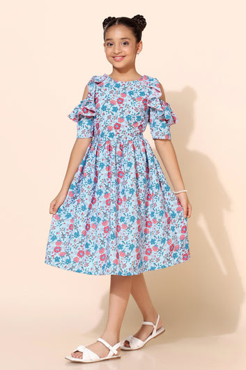 Girls Knee Length Fit And Flare Floral Print Dress