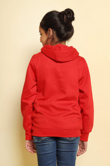 Girls Red Poly cotton Fleece Hooded Neck Sweatshirt