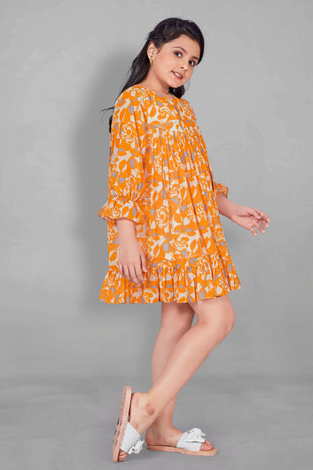 Girls Orange Georgette Above Knee Length Gathered Dresses
