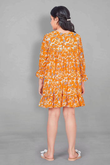 Girls Orange Georgette Above Knee Length Gathered Dresses