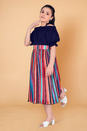 Girl’s Navy Blue Lycra Top with Accordion Pleated Georgette Skirt Clothing Set
