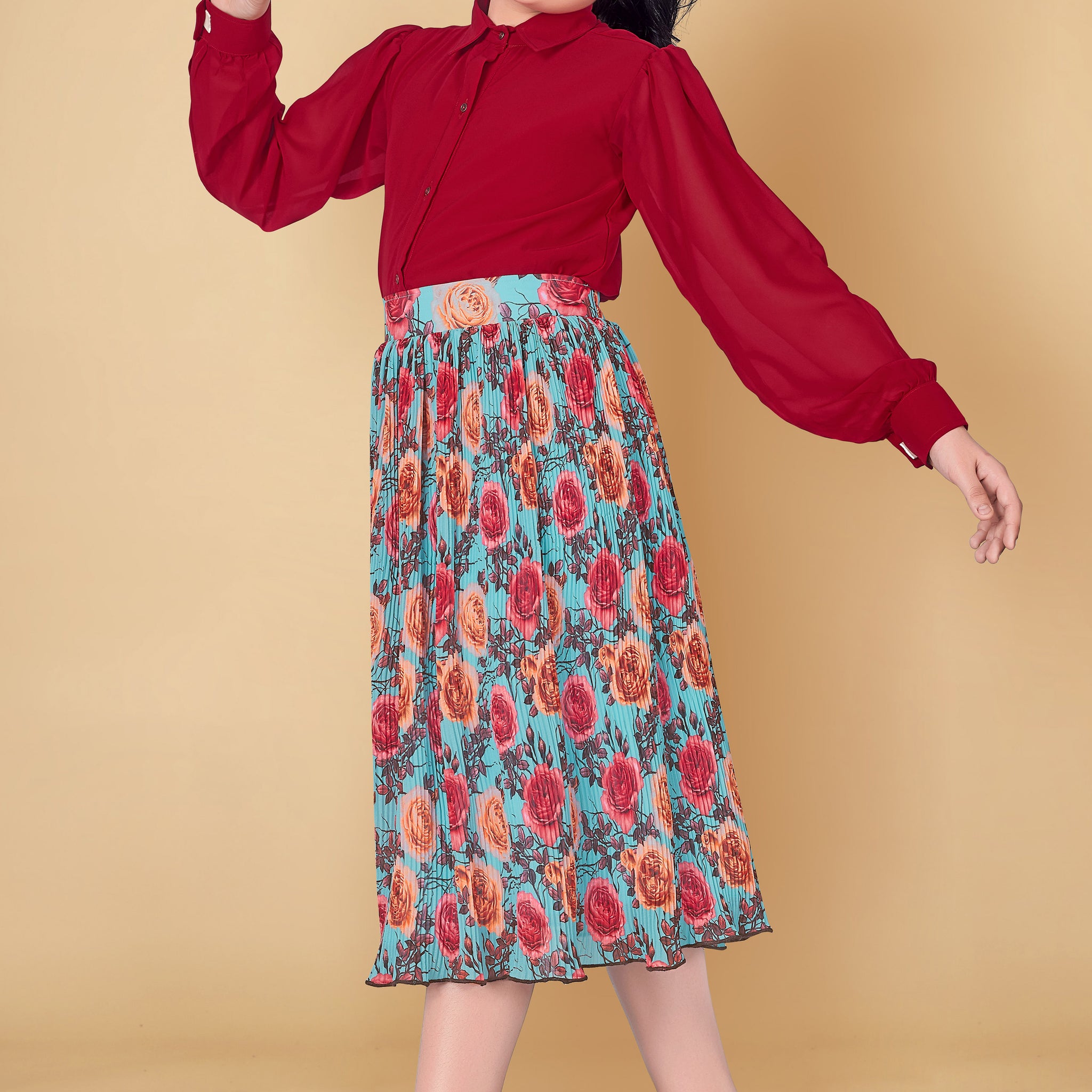 Girl’s Red Georgette Shirt with Accordion Pleated Skirt Clothing Set