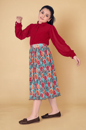 Girl’s Red Georgette Shirt with Accordion Pleated Skirt Clothing Set