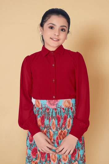 Girl’s Red Georgette Shirt with Accordion Pleated Skirt Clothing Set