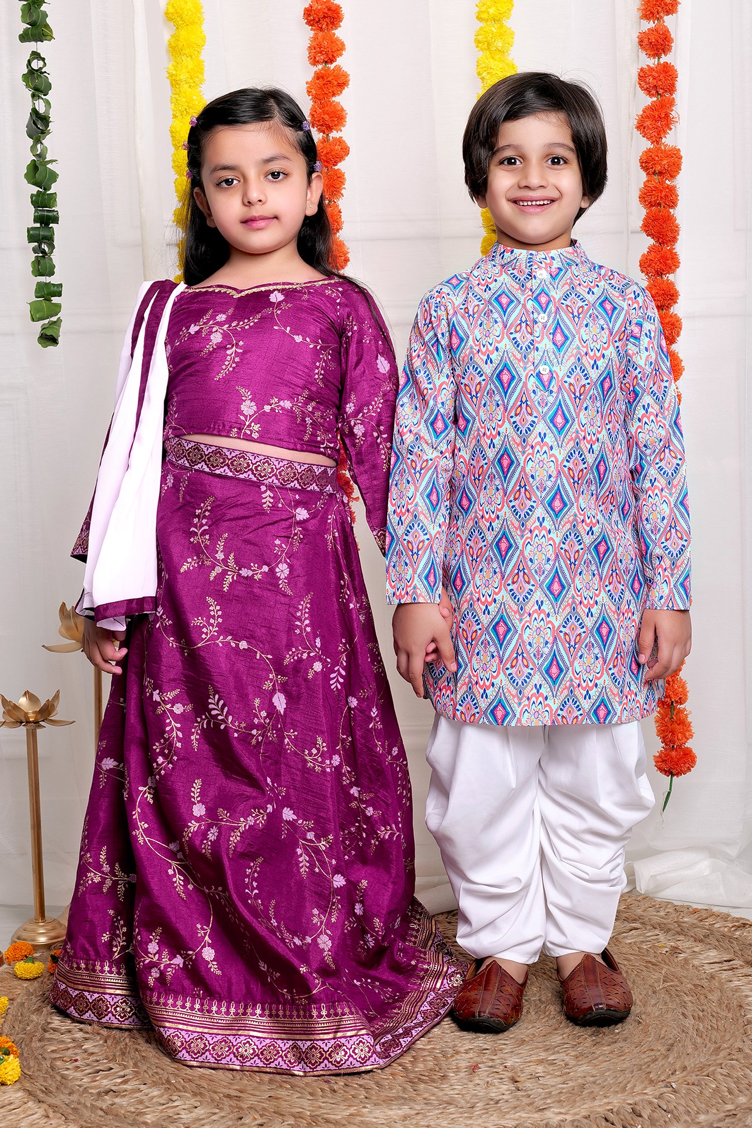 Pink Floral Printed Readymade Brother & Sister Ethnic Set Latest 320KW13