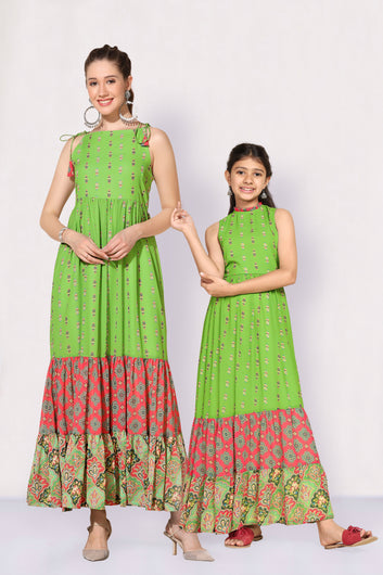 Parrot Printed Mother-Daughter Tiered Dress