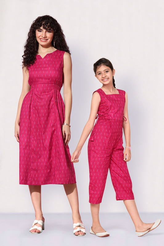 Pink Ikat Printed Mother And Daughter Set