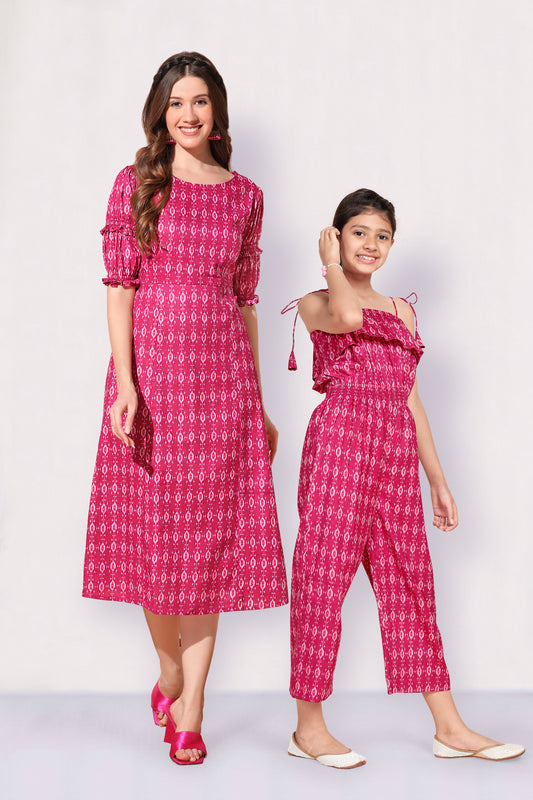 Pink Cotton Ikat Printed Mother-Daughter Set