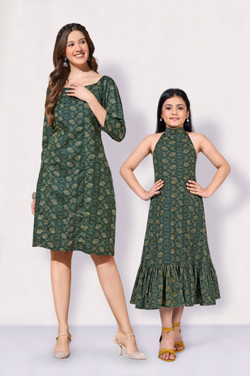 Dark Green Floral Printed Mother And Daughter Dress