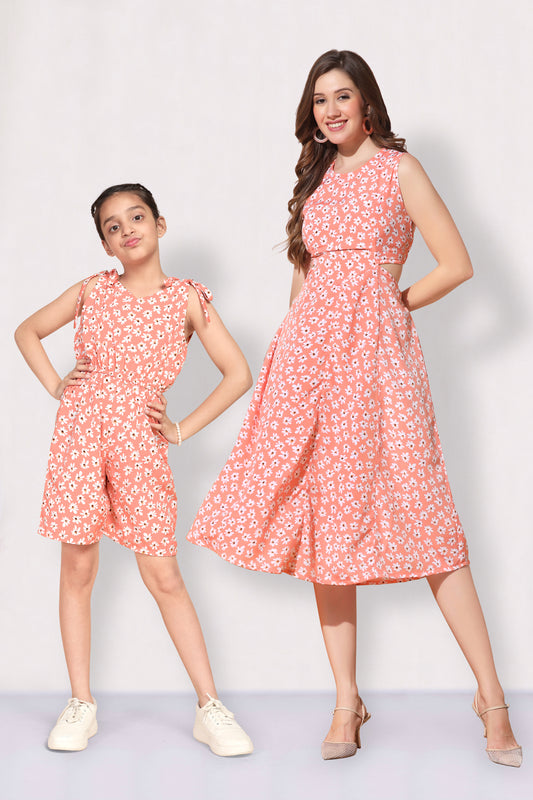Peach Floral Printed Mother And Daughter Set