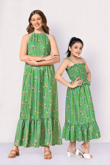 Green Floral Printed Mother-Daughter Ruffle Hem Dress