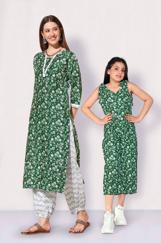 Green Floral Printed Mother And Daughter Set