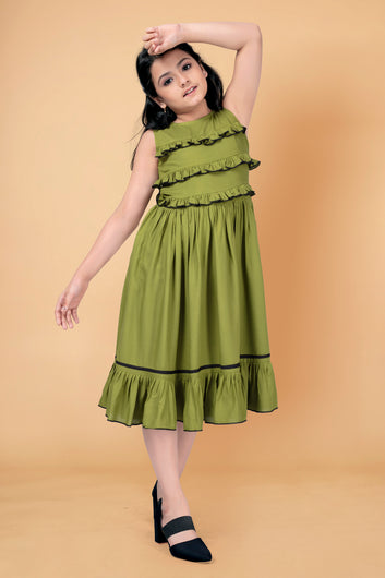 Girl's Rayon Knee Length Ruffle Trim Dress