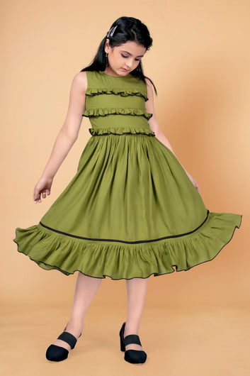 Girl's Rayon Knee Length Ruffle Trim Dress