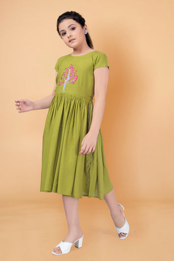 Girl's Rayon Knee Length Embroidered Dress