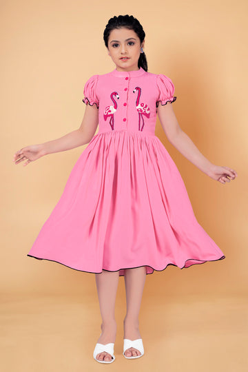 Girl's Rayon Knee Length Embroidered Dress