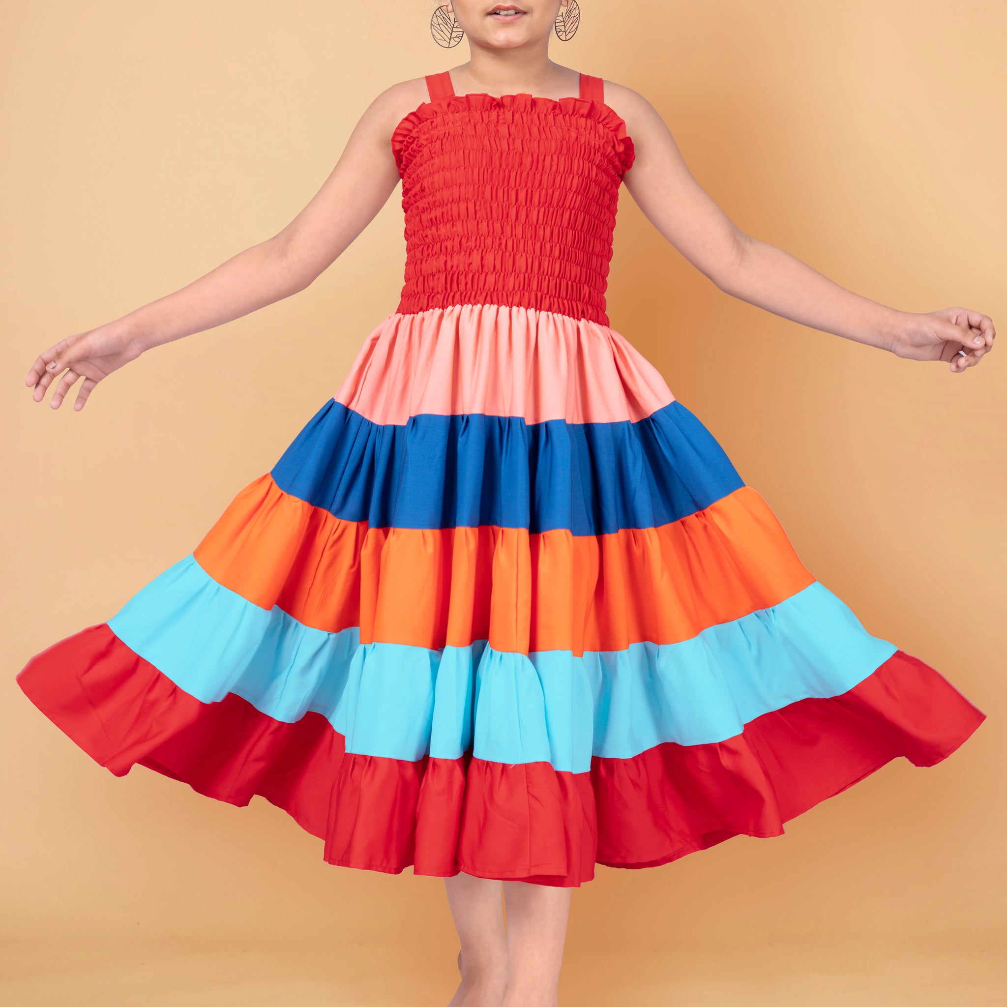 Girl's Rainbow Stripe Calf Length Frock/Dress