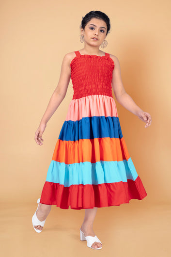 Girl's Rainbow Stripe Calf Length Frock/Dress