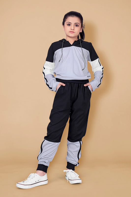 Girls Grey Polyester Lycra T-Shirt with Trouser Set
