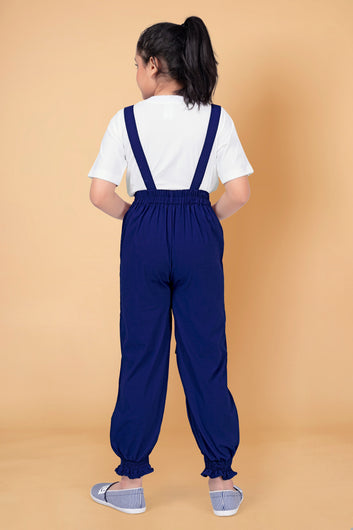 Girl’s Navy Blue Polyester Lycra Solid Top with Strappy Dungaree Set